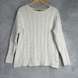 Lands End Sweater 1X Cream Cotton‎ Cable Knit Crew Neck Cottagecore Women's